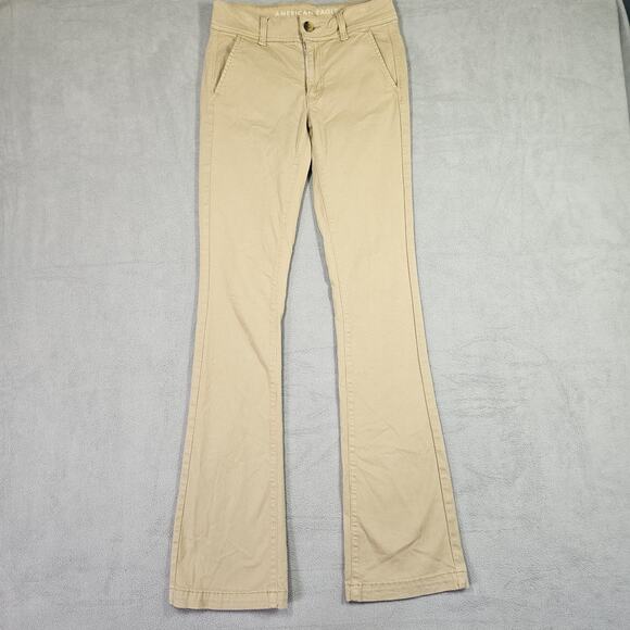 American Eagle Kick Boot Pants Womens Size 2 Long Khaki Cotton Low Rise Y2K Tan - Picture 1 of 12